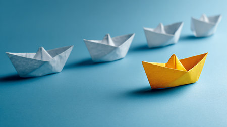 Leadership concept with paper boat leading among white origami boats on blue backgroundの素材