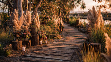 Wooden walkway in the garden at sunset time with reedsの素材