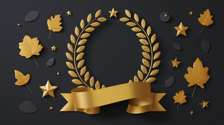 Gold laurel wreath with gold stars and leaves on black background. Vector illustration.の素材