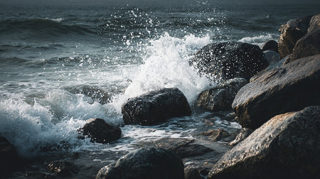 Beautiful seascape with waves crashing on the rocks. Toned.の素材