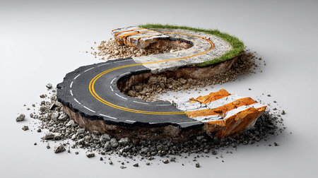 Asphalt road with broken asphalt and green grass, 3d renderの素材