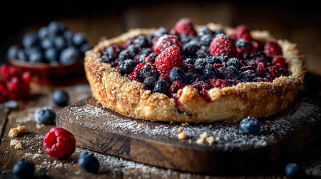 Homemade tartlet with fresh berries on rustic wooden background, selective focusの素材