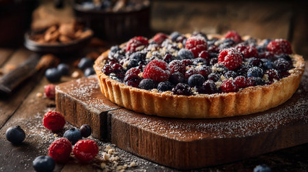 Tartlet with berries on rustic wooden background, selective focusの素材
