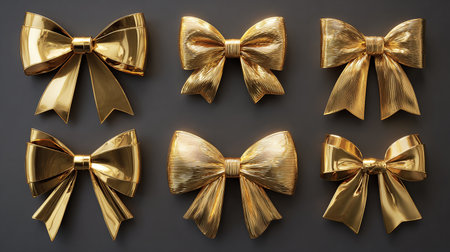 Set of golden bows isolated on black background. 3d render.の素材