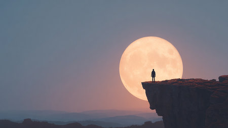 Man standing on the edge of a cliff and watching the full moonの素材
