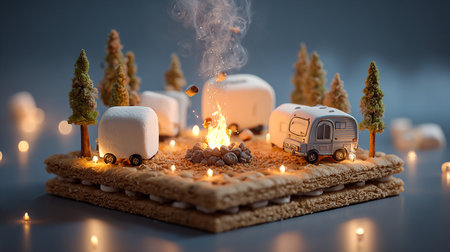 Miniature Christmas trees and camping trailer. Christmas concept. Copy space.の素材