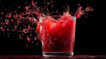 red cocktail with splashes and drops of water on a black backgroundの素材