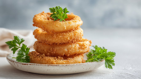 Crispy fried onion rings with parsley on a light backgroundの素材