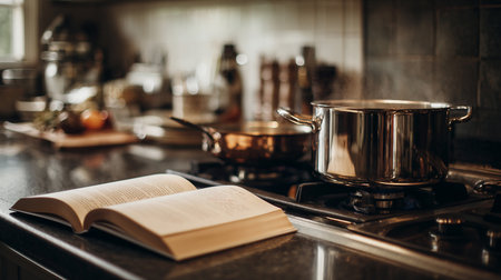 Cooking book on the stove in the kitchen. Selective focus.の素材