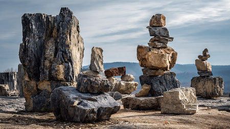 Cairns on the top of a mountain in the Czech Republicの素材