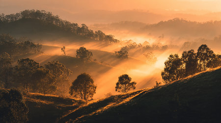 Beautiful sunrise over the hills with mist in the morning, Australiaの素材