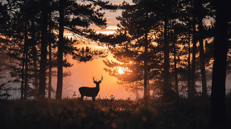 Silhouette of a wild deer stag in the forest at sunriseの素材