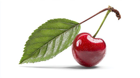 Cherry with leaf isolated on white background. Clipping path includedの素材