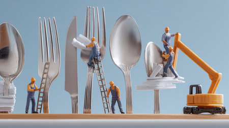 Miniature people : Worker with fork, spoon, knife and forkの素材