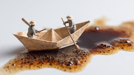 Miniature people : Fishermen with a paper boat on white backgroundの素材