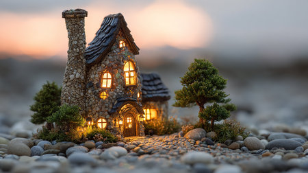 Miniature houses in the form of a fairy tale on a pebble beachの素材