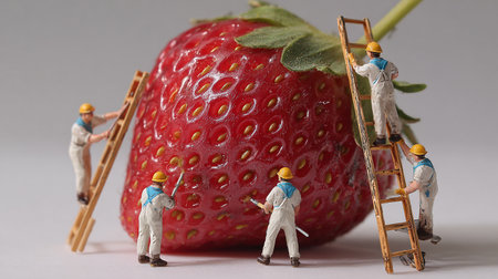 Miniature people : workers with strawberry and ladder on white background.の素材