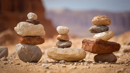 Stack of zen stones on the sand in the desert of Utahの素材
