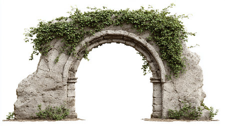 Old stone arch with ivy on a white background. Isolatedの素材