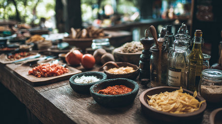 Spices and herbs in bowls on wooden table. Food and cuisine ingredients.の素材