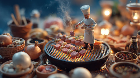 Cooking concept. Preparation of shish kebab on a grillの素材