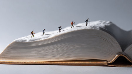 Miniature people climbing a book. Conceptual image of education and learning.の素材