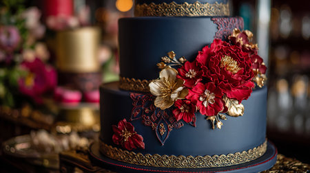 Wedding cake decorated with red flowers and gold ornamentsの素材