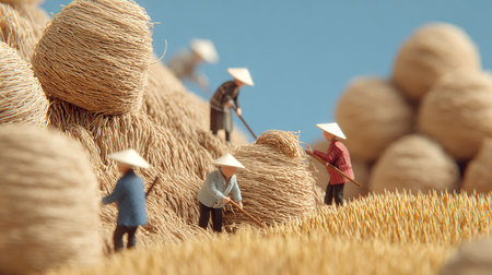 Miniature people working in the rice field. Concept of agriculture.の素材