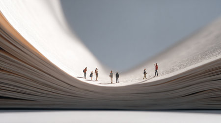 Miniature people standing on pages of book. Education and learning concept.の素材