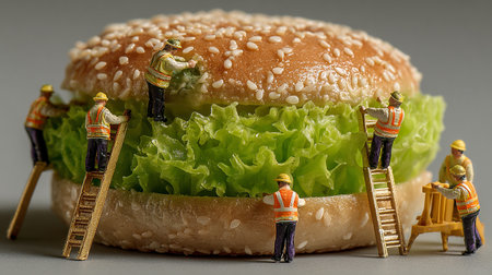 Miniature people :  Construction worker with a big hamburger.の素材