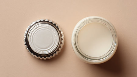 Top view of open and closed jars of yogurt on beige backgroundの素材