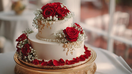 Wedding cake with red roses and white flowers, closeupの素材