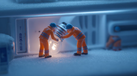 Miniature people : Worker team working with light bulb in the snowの素材