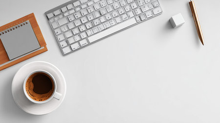 Top view of modern workplace with keyboard, coffee cup and notepad on white backgroundの素材