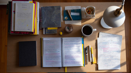 Top view of a desk with books, notebooks and a cup of coffeeの素材