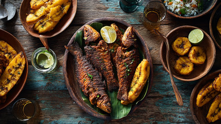 Grilled fish with mango and white wine on rustic wooden tableの素材