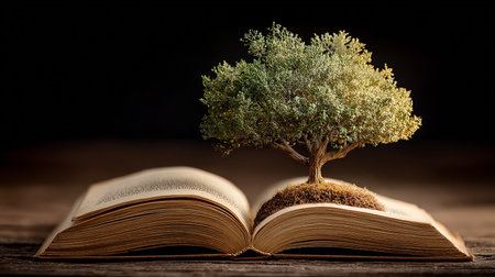 Tree growing from an open book on a wooden table. Black background.の素材
