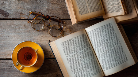 Cup of tea with book and eyeglasses on wooden tableの素材