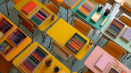 Top view of school desk with colorful pencils and notebooks in classroomの素材