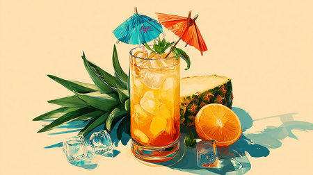 Cocktail with ice cubes and orange slices on a light backgroundの素材