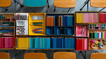 Back to school concept. School supplies on the table in classroom.の素材