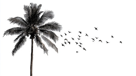 Silhouette of palm tree with flying birds on white background.の素材