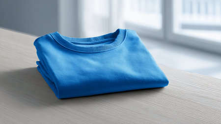 Blue folded t-shirt on wooden table in room, closeupの素材