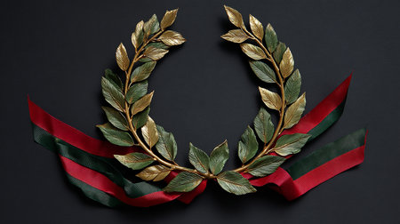 Laurel wreath with red and green ribbons on black backgroundの素材