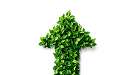 Green leaves in shape of arrow on white background with clipping path.の素材