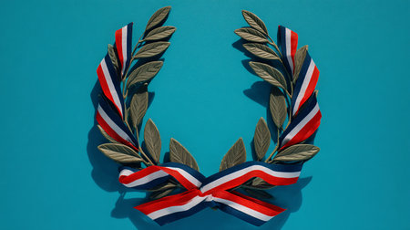 Green laurel wreath with red and white ribbon on blue backgroundの素材
