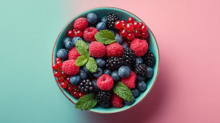 Mix of fresh berries in a bowl on a pink and blue backgroundの素材