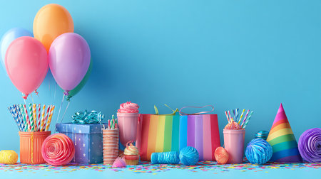 Birthday party background with colorful balloons, confetti and gifts on blue wallの素材