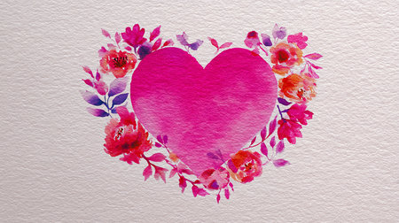 Watercolor heart with flowers on white paper background. Valentines day cardの素材