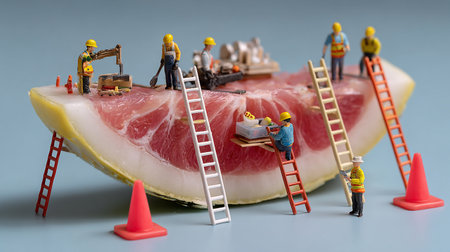 Miniature construction workers on the big piece of raw meat with ladderの素材